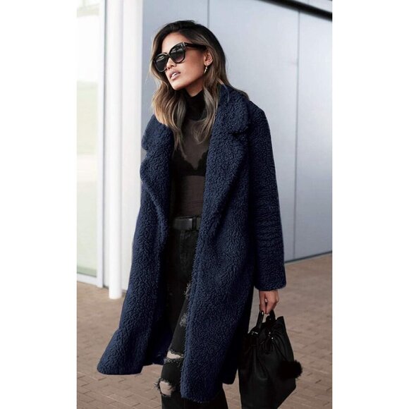 Women's Navy Fuzzy Fleece Lapel Open Front Long Cardigan Coat Fur Warm Winter - Picture 2 of 5